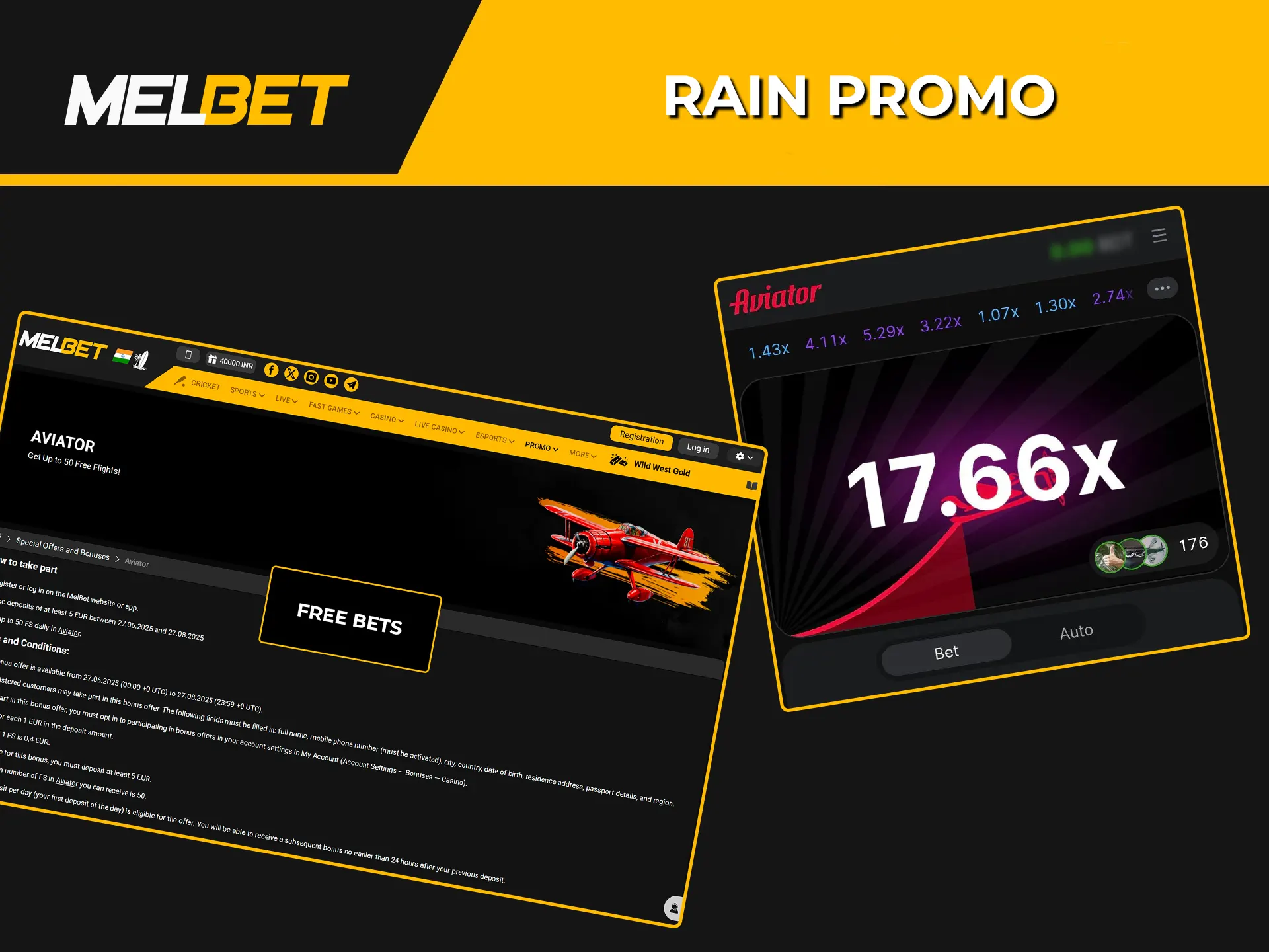 Read the bonus terms to get free bets on the Aviator game at Melbet.