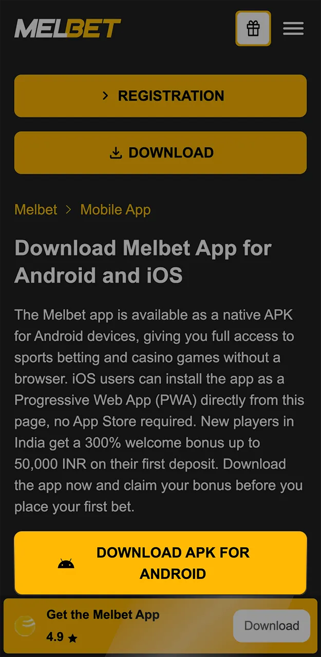 Use this direct link to download the Melbet app.